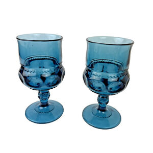Indiana Glass Teal Kings Crown Thumb Print Goblet Vintage Lot of 2 Glass